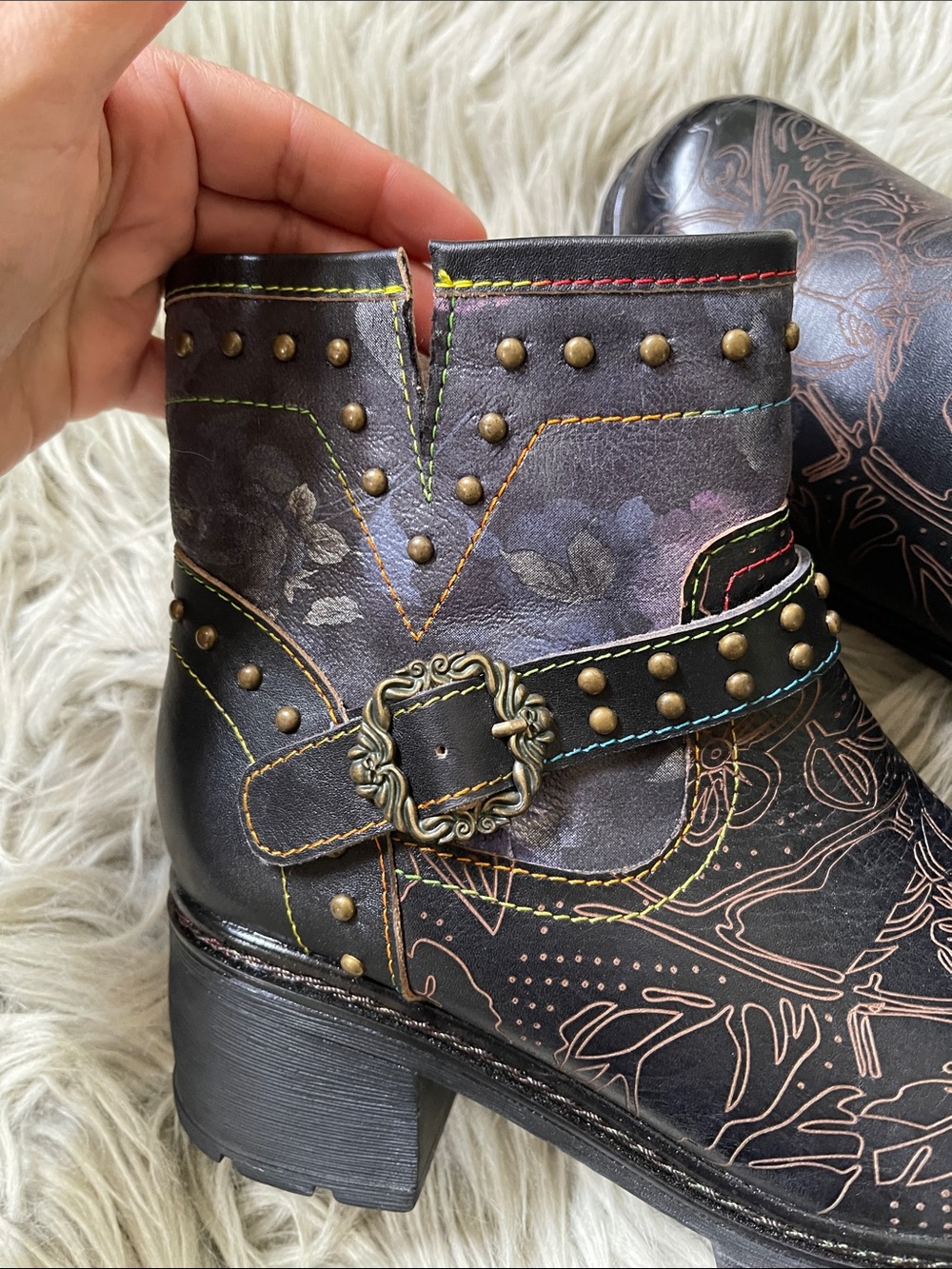 L'ATISTE Black Floral Studded Leather Ankle Booties with Buckle - Picture 4 of 8